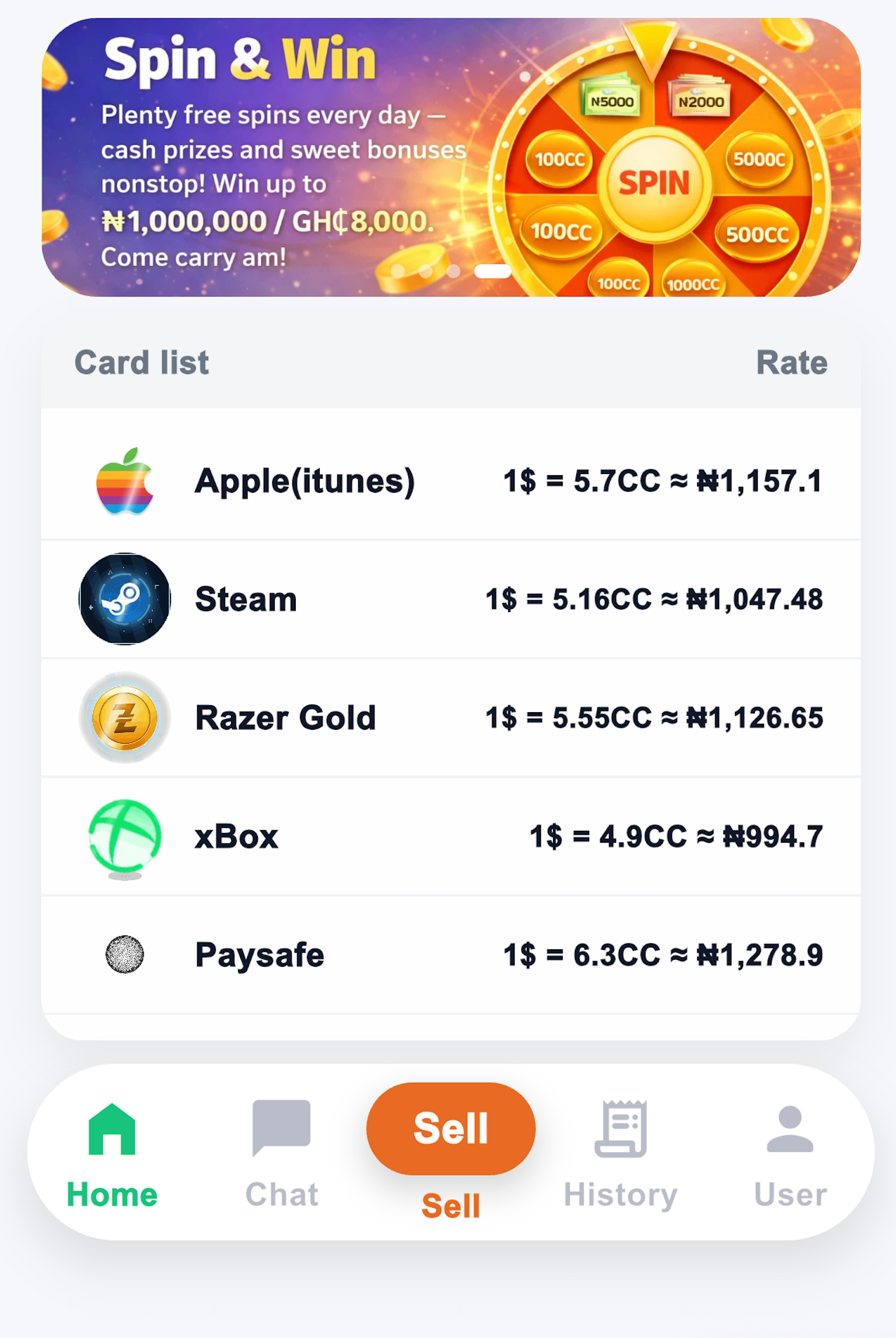 Click on the homepage — Select card type