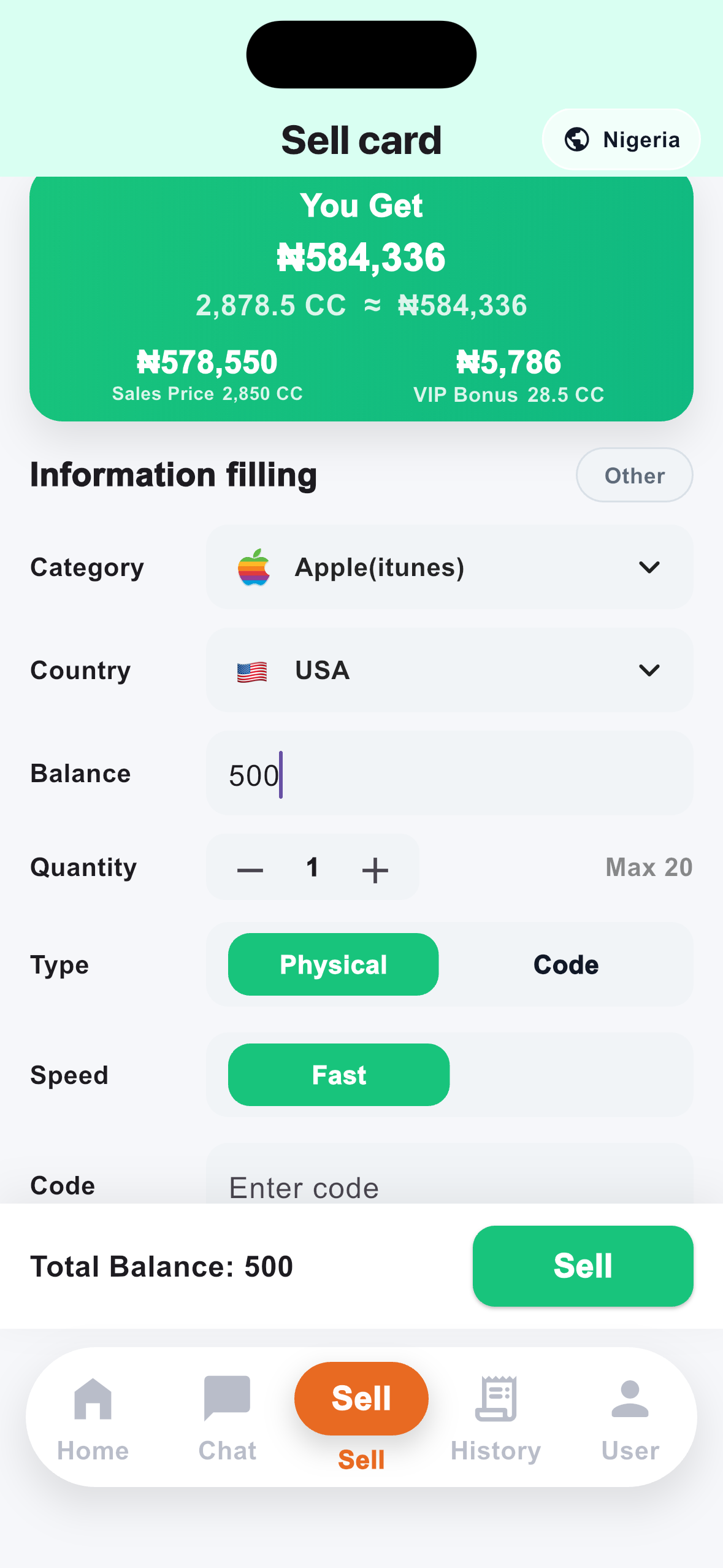 After filling in the card information, click "Sell"